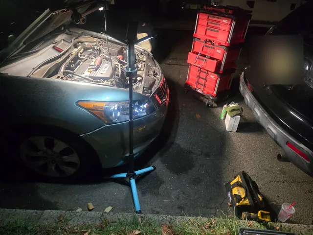 Honda Accord starter job under work lights